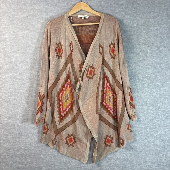 Long Cardigan M Tan Red Orange Aztec Southwestern Open Artsy Earthy Cowgirl - Picture 7 of 13